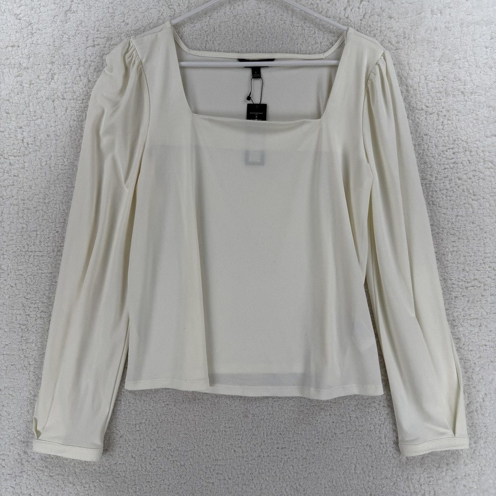 Banana Republic Blouse Womens Large White Square Neck Puff Sleeve Stretch Top